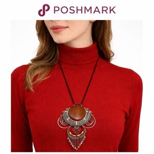 Boho Statement Pendant Necklace Brown Agate Silver Tone Fringe Black Cord